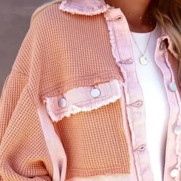 Waffle Knit Patchwork Button Down Light Jacket Sweater Pink/Cream - Picture 1 of 4